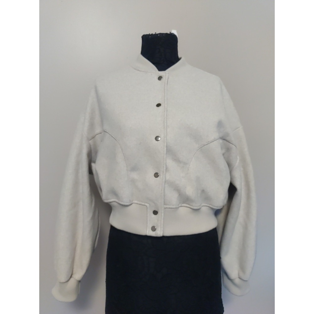 Zara Women Cream Crop Long sleeve Felt Bomber Pockets Jacket Size‎ L